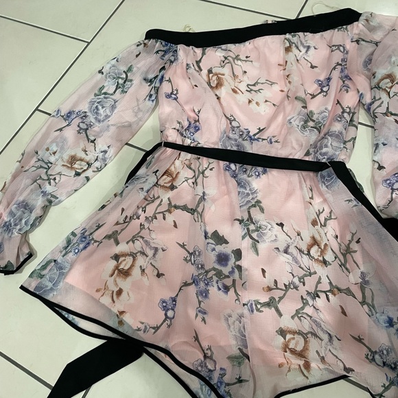 Pink floral off the shoulder playsuit with black detailing - Picture 2 of 9